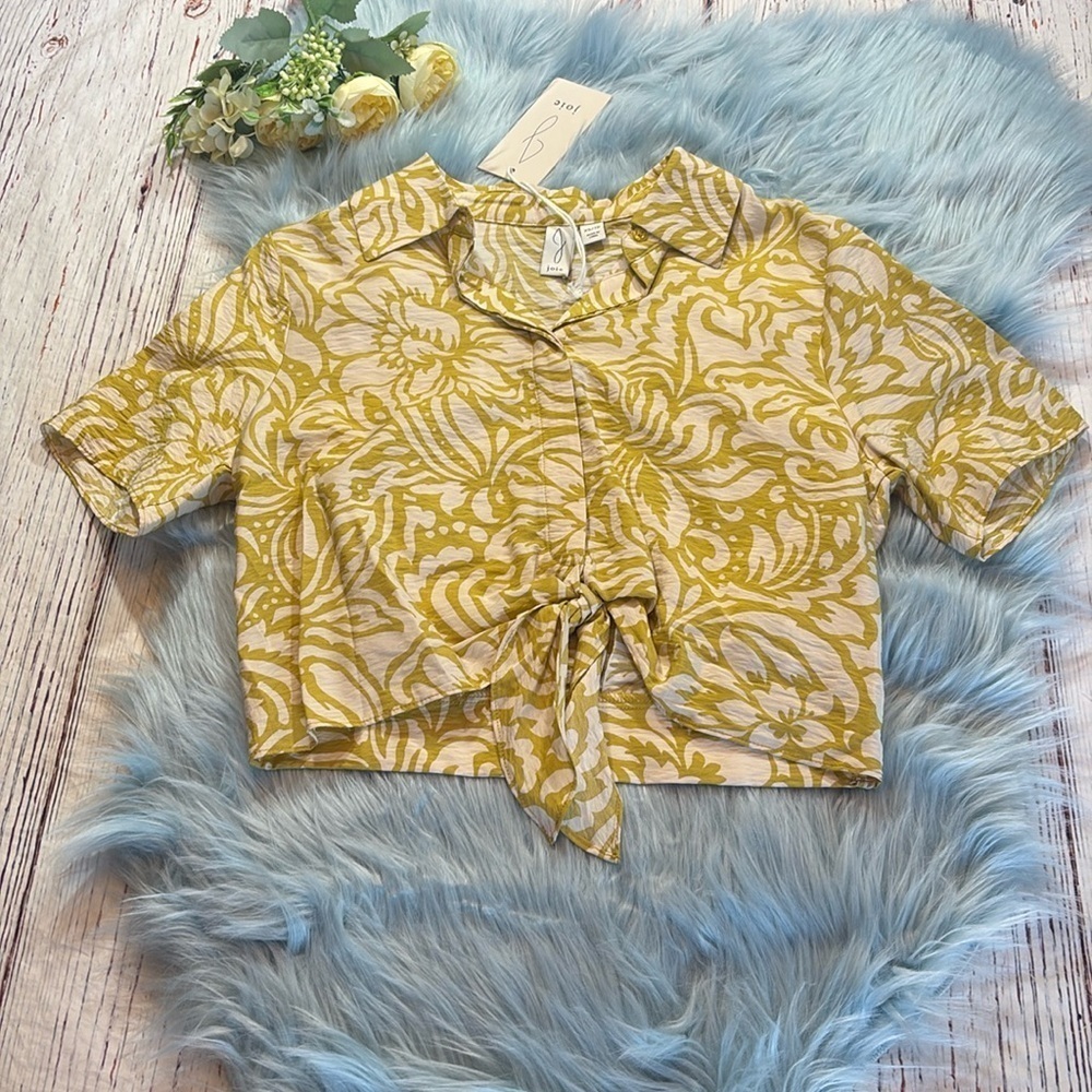 NWT Joie Printed Knot Front Cropped Button Down Short Sleeve Top sz XS